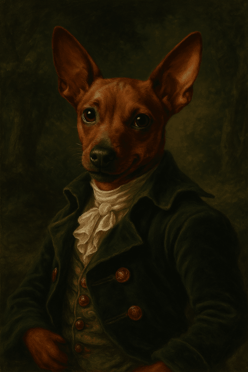 AI classic pet portrait example of a small dog in a green period coat