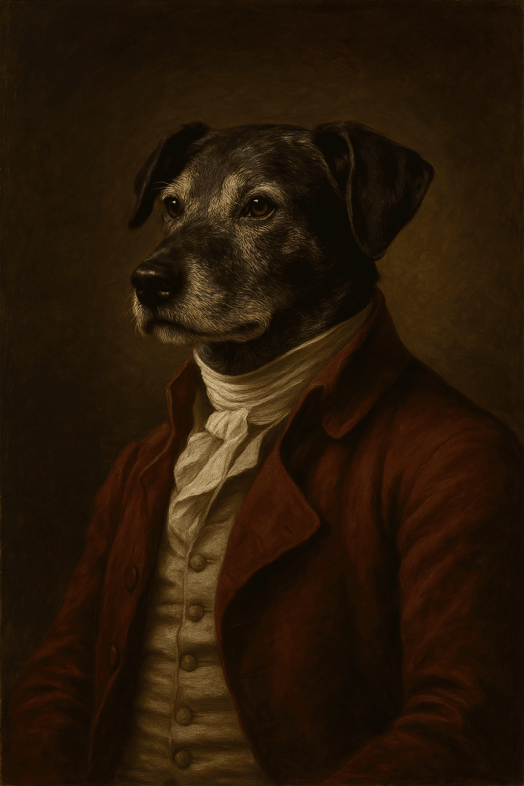 AI classic pet portrait example of a grey-haired dog in a red period coat