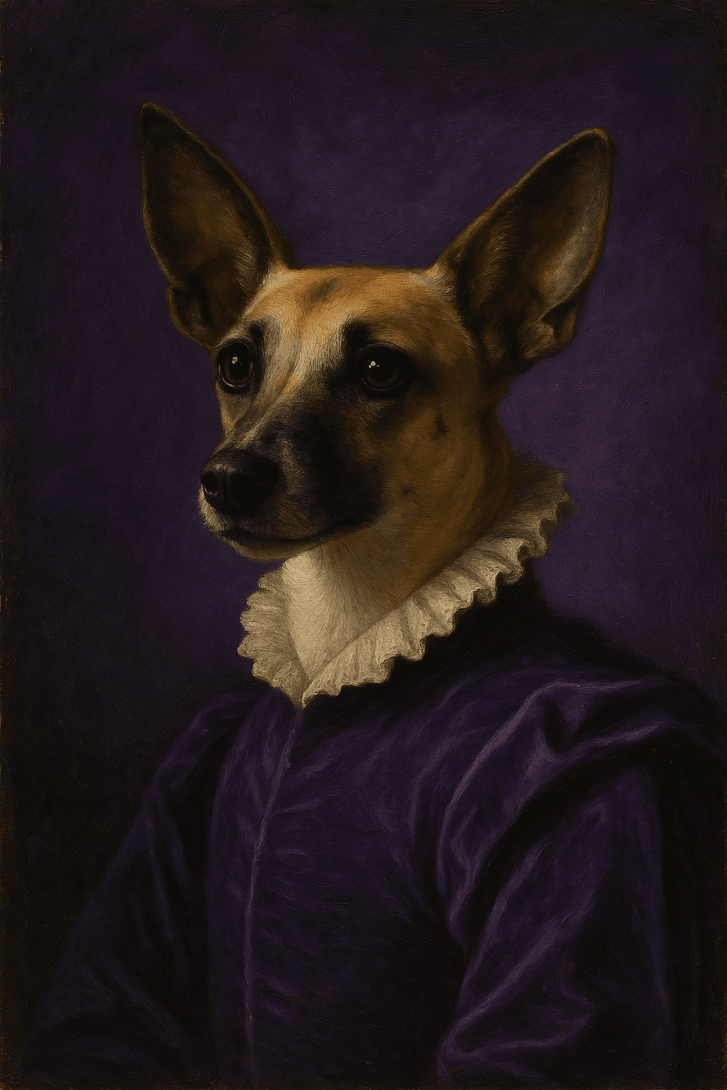 AI classic pet portrait example of a dog in a purple period dress